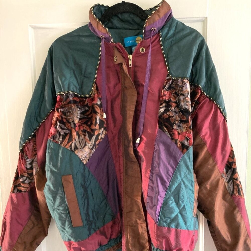 Vintage 80s/90s Quilted Jacket Velour Floral Women XL On Your Mark Bomber Jacket